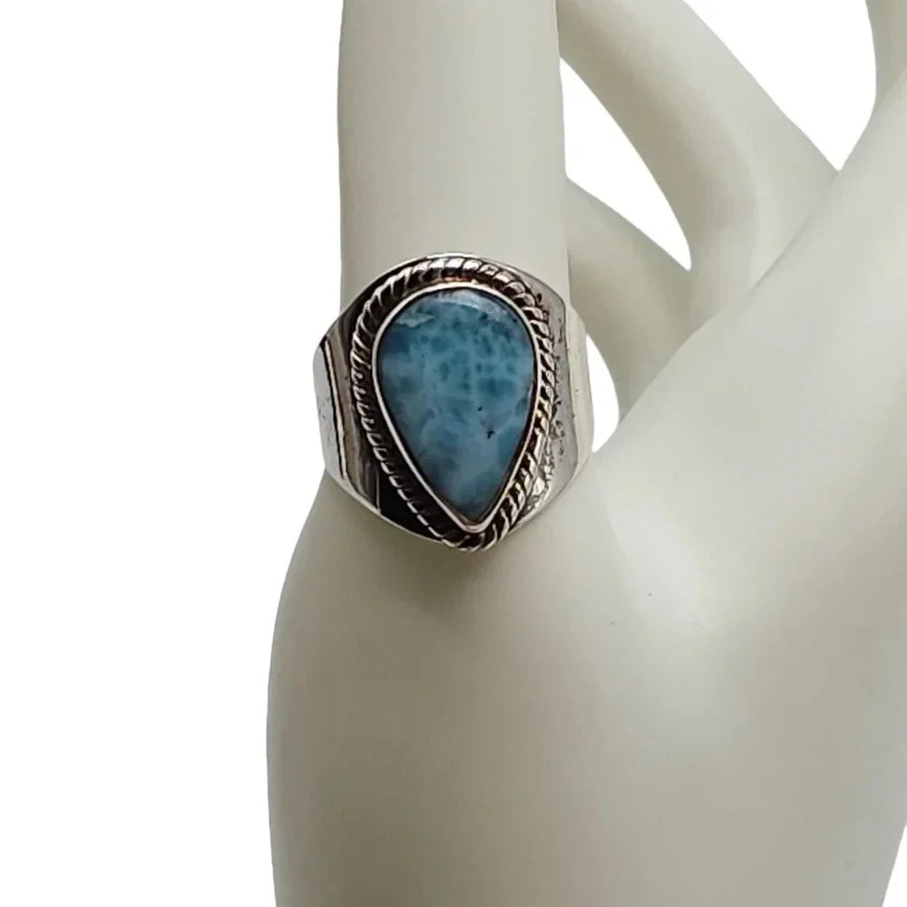 Vintage Sterling Silver 925 Blue Larimar Ring With Rope Trim Size 9.5